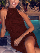Load image into Gallery viewer, Elegant Solid Color Fringed Halter Sleeveless Mini Dress
