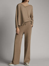 Load image into Gallery viewer, Solid Color V-neck Long Sleeve Casual Knit Two-Piece Suit