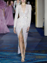 Load image into Gallery viewer, Sexy V-neck Long Sleeve Sequin Evening Dress