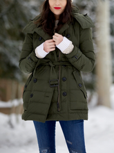 Load image into Gallery viewer, Fashionable Hooded Zipper Button Down Jacket with Belt