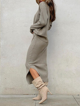 Load image into Gallery viewer, Fashion Round Neck Knit Top Split Skirt Two-piece Suit