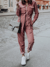 Load image into Gallery viewer, Solid Color Lapel Button High Waist Casual Jumpsuit
