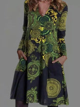 Load image into Gallery viewer, Vintage Totem Print V-Neck Long Sleeve Women'S Dress