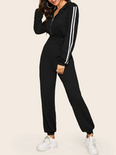 Load image into Gallery viewer, Striped Side Zip Front Drawstring Hooded Jumpsuit