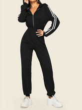 Load image into Gallery viewer, Striped Side Zip Front Drawstring Hooded Jumpsuit