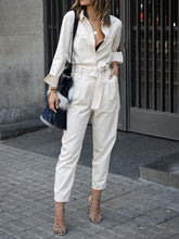 Load image into Gallery viewer, Solid Color Shirt V-neck Solid Color Jumpsuit with Belt
