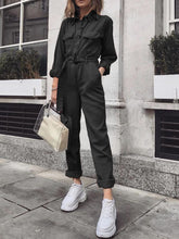 Load image into Gallery viewer, Lapel Button Pocket Loose Casual Jumpsuit with Belt