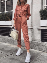 Load image into Gallery viewer, Lapel Button Pocket Loose Casual Jumpsuit with Belt