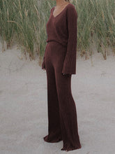 Load image into Gallery viewer, Fashion V-neck Flared Sleeve Solid Color Knitted Two-piece Suit
