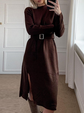 Load image into Gallery viewer, Fashion Long-sleeved Knitted Warm Casual Solid Color Dress with Belt