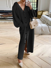 Load image into Gallery viewer, V-neck Lantern Sleeve Knit Long Cardigan Solid Color Button Dress