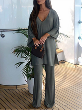 Load image into Gallery viewer, Solid Color V-neck Flared Sleeve Long Top Loose Casual Two-piece Suit