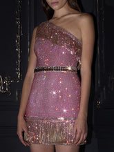 Load image into Gallery viewer, Fashion Sexy One-Shoulder Flash Tassel Mini Dress