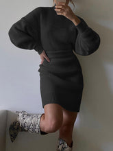 Load image into Gallery viewer, Lantern Sleeve High Neck Knitted Two-Piece Suit