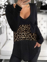 Load image into Gallery viewer, Casual Leopard Print Stitching V-Neck Loose Long-Sleeved T-Shirt