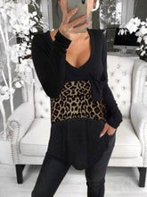Load image into Gallery viewer, Casual Leopard Print Stitching V-Neck Loose Long-Sleeved T-Shirt
