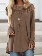 Load image into Gallery viewer, Lace Solid Color Round Neck Long Sleeves Casual Loose Tops