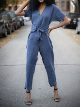 Load image into Gallery viewer, Women's V-neck Short-sleeved Lace-up Casual Solid Color Jumpsuit