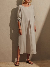 Load image into Gallery viewer, Women Cotton and Linen Round Neck Long Sleeve Split-Side Maxi Dress