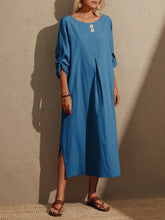 Load image into Gallery viewer, Women Cotton and Linen Round Neck Long Sleeve Split-Side Maxi Dress