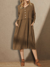 Load image into Gallery viewer, Women Cotton and Linen Long Sleeve Buttons Stitching Plain Midi Dress