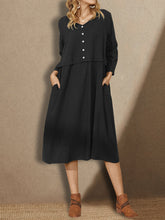 Load image into Gallery viewer, Women Cotton and Linen Long Sleeve Buttons Stitching Plain Midi Dress