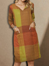 Load image into Gallery viewer, Women Cotton and Linen V-Neck Plaid Printing Midi Dress