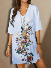 Load image into Gallery viewer, Women Cotton and Linen V-Neck 1/2 Sleeve Floral Mini Dress