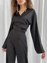 Load image into Gallery viewer, Fashion Satin V Neck Cross Lace-up Casual Two-piece Suit