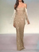 Load image into Gallery viewer, Sexy One-shoulder Long Sleeve Fringed Maxi Dress