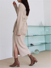Load image into Gallery viewer, Elegant V-Neck Long Sleeve Coat Skirt Knit Set