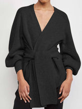 Load image into Gallery viewer, Fashion V-neck Loose Long-sleeved Solid Color Tie Sweater