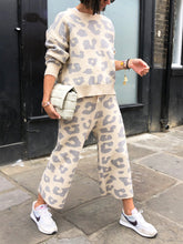 Load image into Gallery viewer, Casual Loose Round Neck Long Sleeve Top Pants Leopard Knitted Suit