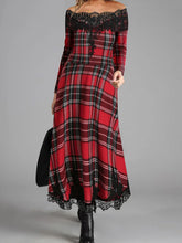 Load image into Gallery viewer, Embroidered Lace Plaid Long-sleeved One-neck Dress