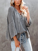 Load image into Gallery viewer, Casual Lace Up Hooded Striped Loose Top