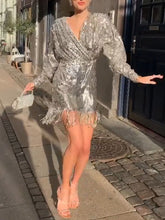 Load image into Gallery viewer, Fashion V-neck Long Sleeve Sequined Fringed Evening Dress