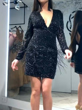 Load image into Gallery viewer, Long Sleeve V-neck Fringe Stitching Party Dress