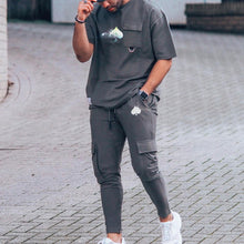 Load image into Gallery viewer, Mens Dark Grey Printed Short-Sleeved T-Shirt And Pants Suit