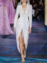 Load image into Gallery viewer, Sexy V-neck Long Sleeve Sequin Evening Dress