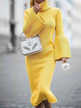 Load image into Gallery viewer, Women's High Neck Flared Sleeve Knit Solid Color Long Dress