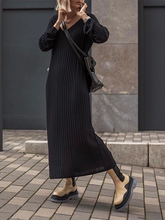 Load image into Gallery viewer, Pure Color V-neck Long-sleeved Casual Knitted Sweater Dress