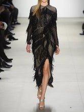 Load image into Gallery viewer, Fringed Lace Stitching Long Sleeve Evening Dress