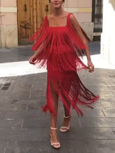 Load image into Gallery viewer, Fashion Fringed Suspender Square Neck Midi Dress