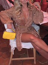 Load image into Gallery viewer, Deep V Long Sleeve Sequin Evening Dress
