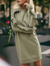 Load image into Gallery viewer, Solid Color Ruffled Round Neck Long Sleeve Sweater Dress