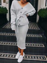 Load image into Gallery viewer, Fashion V-neck Long Sleeve Belt Design Solid Color Two-piece Suit