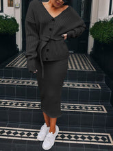 Load image into Gallery viewer, Fashion V-neck Long Sleeve Belt Design Solid Color Two-piece Suit