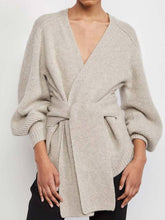 Load image into Gallery viewer, Fashion V-neck Loose Long-sleeved Solid Color Tie Sweater