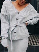 Load image into Gallery viewer, Fashion V-neck Long Sleeve Belt Design Solid Color Two-piece Suit