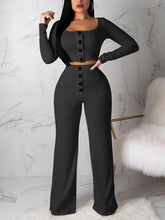 Load image into Gallery viewer, Button Cropped Top Wide Leg Pants Set